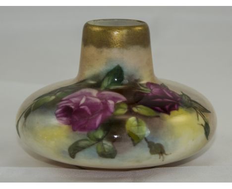 Royal Worcester Hand Painted Squat Vase ' Roses ' Stillife. Date 1910. Unsigned. 3.25 Inches High. Over painting to Neck Area