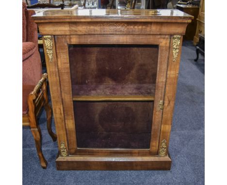 Late 19thC Walnut Bookcase, Glazed Front, Silk Lined Interior With Single Shelf, Slight Inlay With Ormolu Mounts