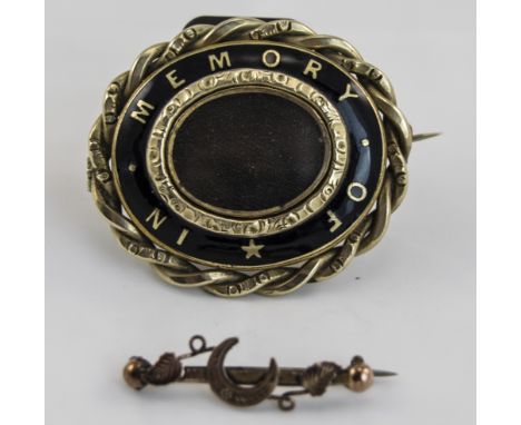 A Victorian Small 9ct Gold Horseshoe Brooch, Marked 9ct. 1.5 Inches Wide + a Gold Coloured Victorian Locket Mourning Brooch w