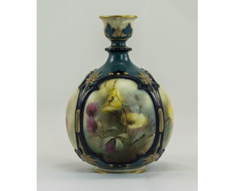 Hadleys Worcester Hand Painted Globular Shaped Molded Vase, 4 Quatrefoil Shaped Panels Depicting Flowers, Marked To Base