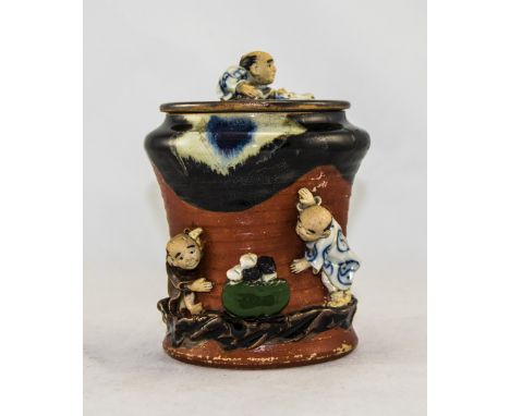 Japanese 19th Century Sumida Gawa Enamel and Pottery Lidded Jar. c.1875-1900. Decorated In High Relief with Applied Enamel Fi