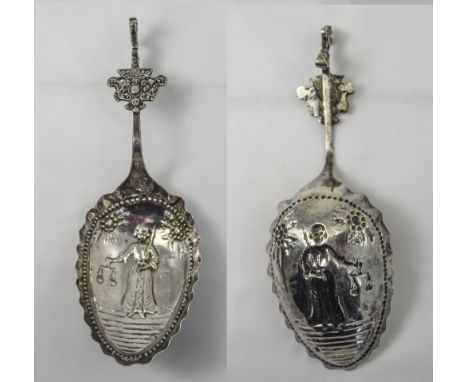 Dutch 18th Century Impressive Silver Caddy Spoon, with Embossed Figure to Bowl, Holding a Sword and Pair of Scales In Right H