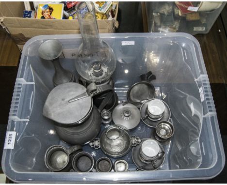 Collection Of Pewter Comprising Tankards, Vase, Oil Lamp, Lidded Water Jug, Lidded Trinket Box Etc.