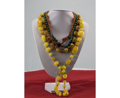 A Vintage Collection of Five Bead Necklaces, Malachite, Amber etc. Various Lengths. 