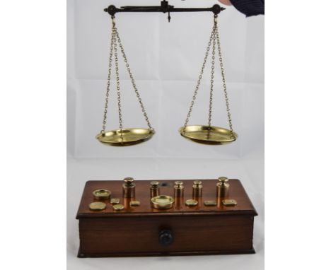W & T Avery Antique Travellers Gold and Apothecary Balance Pan Scales and Troy oz Weights. Mahogany Case with Drawer. 11 Inch