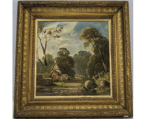James Stark Norwich School 1794 - 1859 Cottage with Path In a Woodland Setting, Oil on Panel. Signed Lower Right. Period Fram