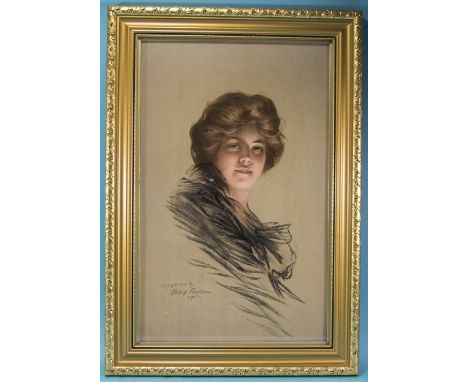 Philip Boileau 1864-1917 Print of a Portrait of a Young Woman. Mounted and framed behind glass. 18.5 by 12 inches.