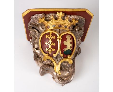 KONSOLE MIT WAPPENHolz, polychrom gefasst, 19. Jh.32 x 38 x 31 cmCONSOLE WITH COAT OF ARMSWood, polychrome painted, 19th c.32
