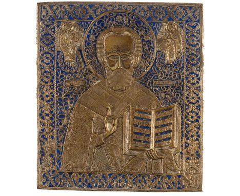 HL. NIKOLAUSGrosse russische Bronze-Ikone mit blauer Emaille, 19. Jh.26,5 x 23,5 cmLARGE RUSSIAN METAL-ICON WITH BLUE ENAMEL 