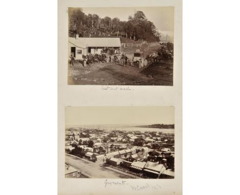 New Zealand. An album of approximately 80 mounted albumen prints, circa 1880s,  including views of Akaroa, Christchurch, Engl