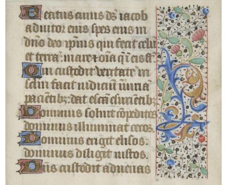 *Manuscript leaf. Illuminated manuscript vellum leaf with text from Psalm 146, France, circa 1400-1450,  single vellum leaf w