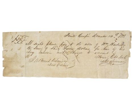 *New Orleans Slavery. A manuscript receipt for a slave, Pointe Coupee, 14 December 1858,  'At sight please pay to the order o