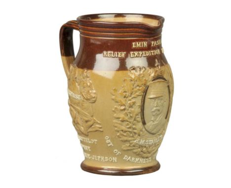*Stanley (Henry Morton). A commemorative Doulton Lambeth brown salt-glazed stoneware jug, [1890],  relief decoration, inscrib