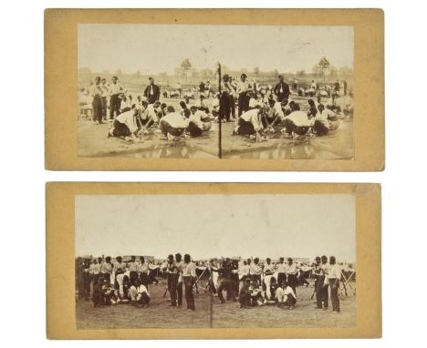 *Stereoviews - American Civil War. Two stereoviews of a black regiment at camp, early 1860s,  both printed on single sheets o