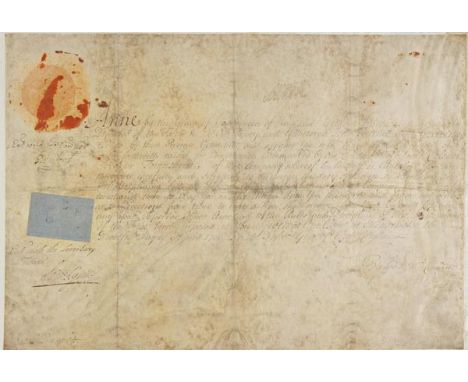 *Anne (Queen of Great Britain and Ireland, 1665-1714). Document Signed, 'Anne R' at the head, Given at Kensington, 12 April 1