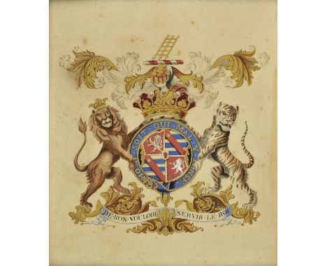 *Heraldic achievements. Two original pen and ink and watercolour heraldic achievements, mid 19th century,  one with motto 'Fl
