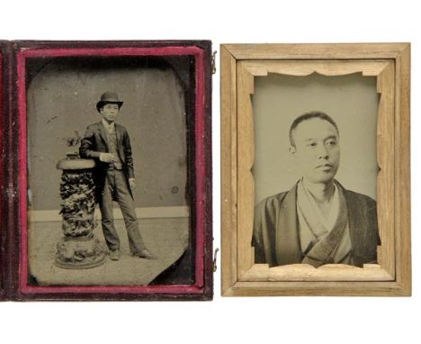 *Ambrotypes. Two quarter-plate ambrotypes of Japanese men, circa 1855,  one full length in bowler hat, crudely set in full le