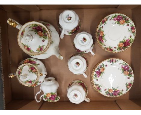 Royal Albert Old Country Roses pattern tea ware to include a medium teapot, lidded sugar bowl, small milk jug, 4 cups, 5 sauc