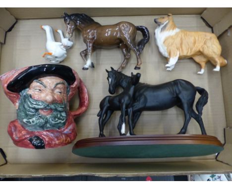 Beswick Black beauty and foal on plinth, stocky jogging mare (nip to ears), matt rough collie, Beswick geese together with Fa