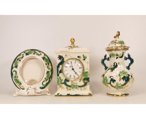 Three Masons Chartreuse items to include Mantle Clock, Lidded Vase and Photo Frame (3) 