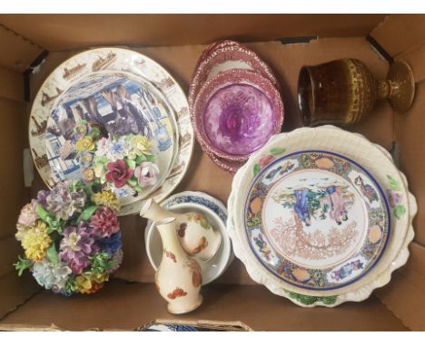 A mixed collection of ceramic items to include decorative wall plates, floral fancies, studio pottery type goblet (1 tray). 