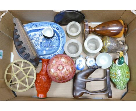 A Mixed Collection of Oriental Items to include Cairoware Vase, Australian Wood Footed Vase, Cinnabar Style Vase, Pipe Rack e