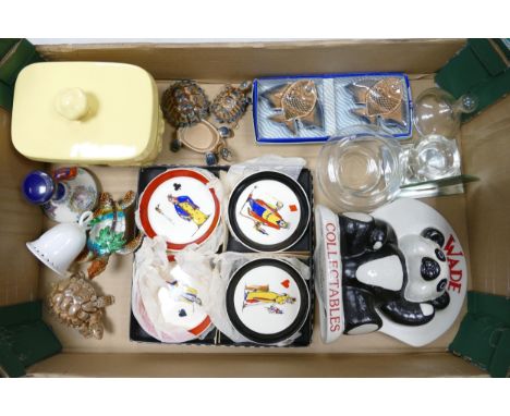 A mixed collection of item to include box set of playing cards pin dishes, graduated tortoises , Extravganza 1998, butterdish