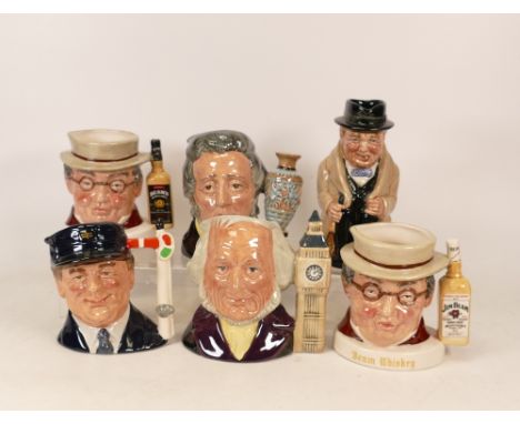 Royal Doulton character jugs to include Mr Pickwick x2 , Sir Henry Doulton D6703, John Doulton D6656, Engine Driver D6823 and