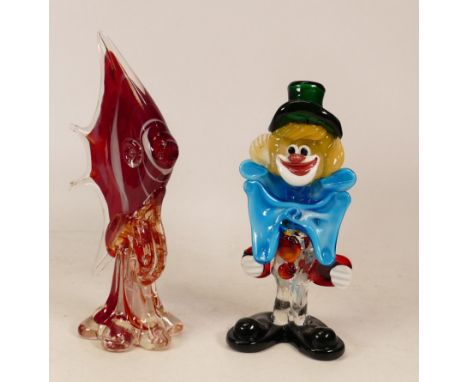 Murano glass clown together with similar fish. Height of tallest 24cm (2) 