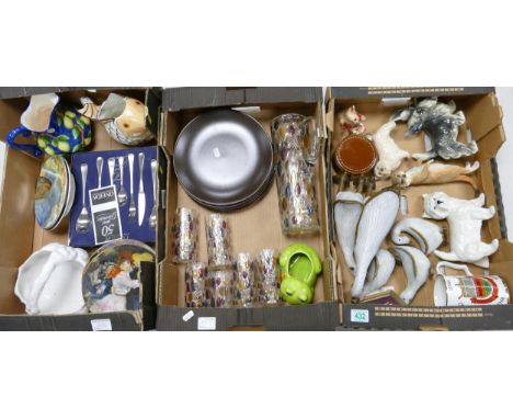 A mixed collection of ceramics to include wooden ducks, ceramic dogs, glass lemonade set, wall plates etc (3 trays) 