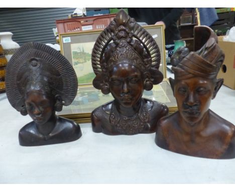 Three Carved Busts of Female Tribal Women of the Philippines or Bali. Height of tallest: 33cm (3) 