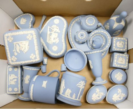 A Collection of Wedgwood Blue Jasperware items to include Lidded Pots, Miniature Teaset (teapot finial damaged), Bell, Vases,