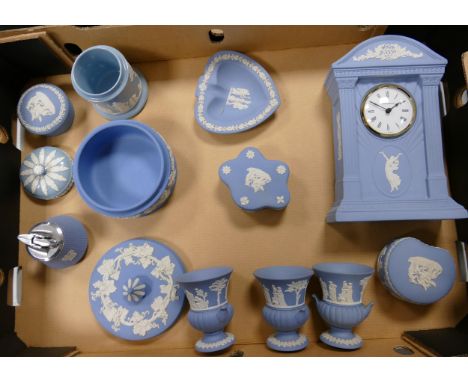 A collection of Wedgwood Jasperware to include mantle clock, vases, lidded boxes, lighter, etc (1 tray) 