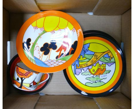 A Collection of Wedgwood Clarice Cliff Bizarre to include Four Plates and One Cup and Saucer 