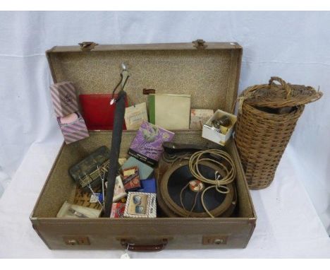 Yesterday's World Museum - a suitcase containing a record player, an Art Deco umbrella, a set of dominoes, a silver plated eg