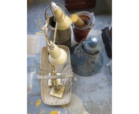 A large Japanese speaker, a wooden trug, a quantity of fire buckets, two angle poise lamps etc. 