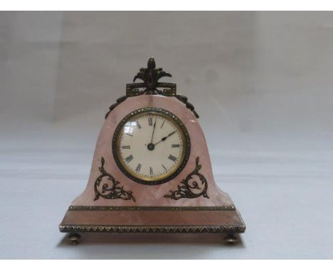 A miniature rose quartz mantle clock with marcasite. 