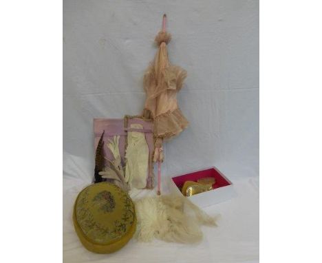 An assortment of Edwardian and later ladies accessories including a parasol, head dress, gloves etc; also a needlework cushio