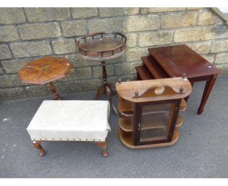 A leather topped footstool, a glazed wall display cabinet, a glazed side cabinet, a walnut octagonal occasional table etc. 