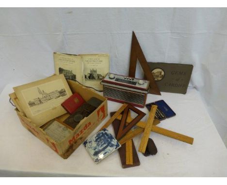A box of mixed collectables including draughtsman's tools, a Roberts radio, Post Office scales etc. 
