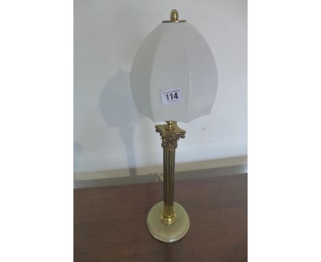 A vintage brass column table lamp with onyx base, tested, 57cm tall 