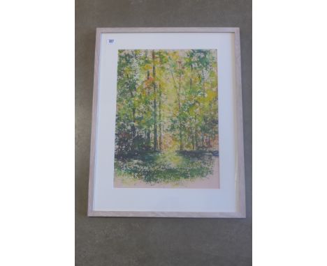 An acrylic on board, abstract entitled - light in the wood - by well known artist Amanda Holland, in a limed frame, 74x57cm 