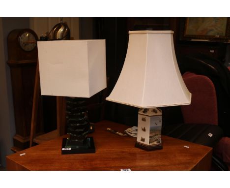 Transfer printed Hunting design table lamps and a Glass based lamp with shades 