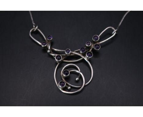 Contemporary Silver Amethyst rub over set necklace 23g total weight 