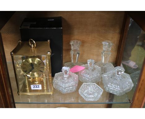 Whitehall Brass cased clock and a Pressed glass dressing table set 