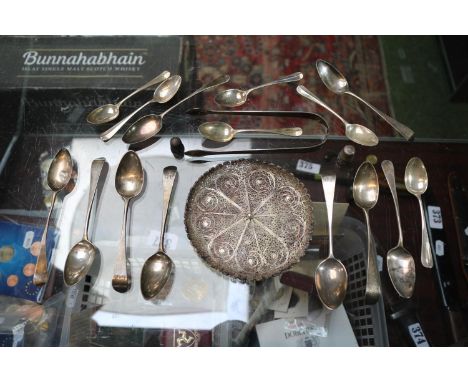 Collection of Assorted Silver and other 19thC Spoons and a White metal fillagree circular dish 310g total weight 