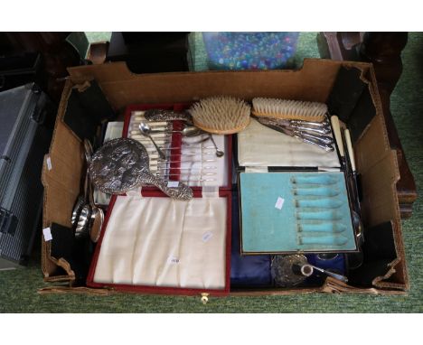 Collection of 19thC and later Silver plated Flatware and a Silver backed dressing table Mirror 