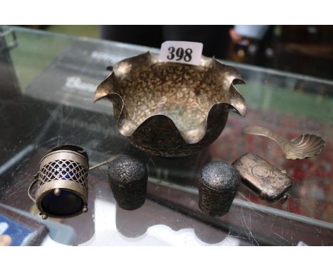 Indonesian White metal floral embossed flared bowl, Georgian Silver Caddy Spoon, Silver match Vesta, Silver Salt and 2 White 