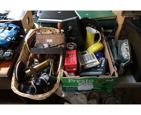 2 Boxes of assorted Bygones and Kitchenalia to include a set of Apothecary weighing balance with dram weights 