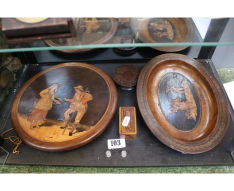 Late 19thC Italian Sorrento ware inlaid stool seat, Oval San Remo platter, Circular Carved Patch pot and a Jerusalem Needle h